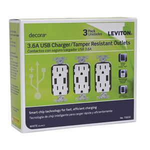 Leviton White Thermoplastic 15A 125V 14 to 12 ga. 5-15R Tamper-Resistant Outlet & USB Charger
