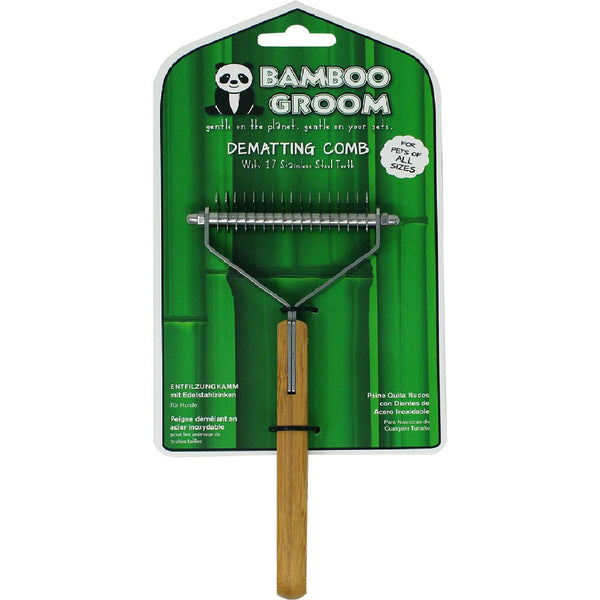 Bamboo Groom Dematting Comb with 17 Stainless Steel Teeth and Wooden Handle