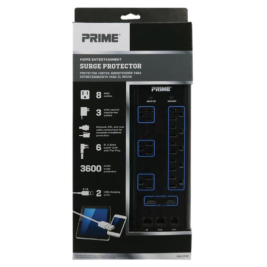 Prime 6 ft. L 8 outlets Surge Protector with USB Port Black 3600 J