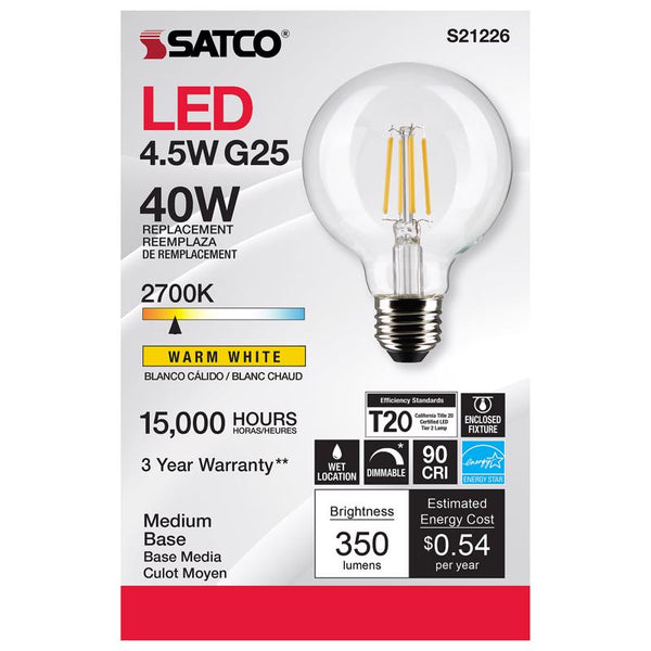 Bombilla LED de filamento Satco G25 E26 (mediana), luz blanca cálida, equivalente a 40 vatios, paquete de 1