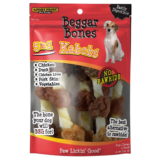 Savory Prime Beggar Bones 5-in-1 Kabobs Grain Free Treats For Dogs 4 oz 7.8 in. 6 pk