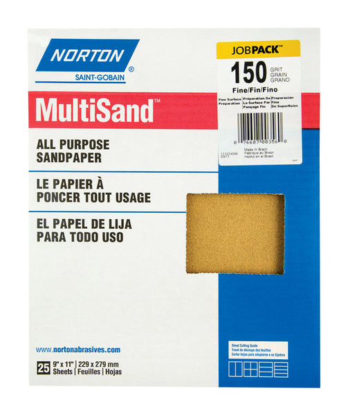 Papel de lija multiusos de óxido de aluminio fino Norton MultiSand de 11 pulgadas de largo x 9 pulgadas de ancho, grano 150, paquete de 25