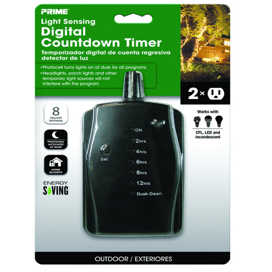 Prime Black 125V 1875W Outdoor 24 Hour Digital Countdown Timer with 2-Grounded Outlets
