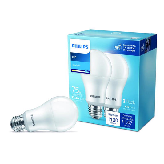 Philips A19 E26 (Medium) LED Bulb Daylight 75 Watt Equivalence 2 pk