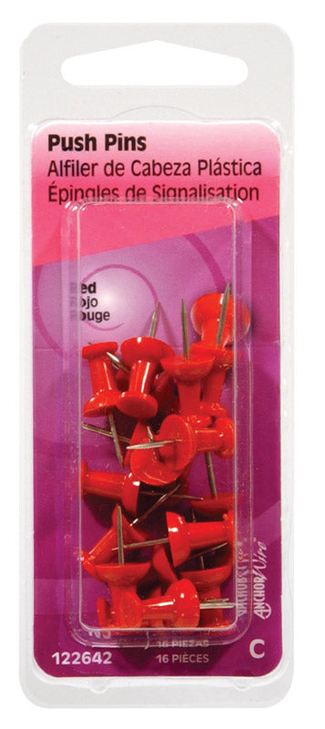 Hillman Red Push Pins 16 pk (Pack of 6)