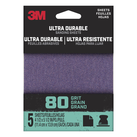 3M Ultra Durable 5.5 L x 4.5 W 80 Grit Aluminum Oxide 1/4 Sheet Sandpaper 5 pk