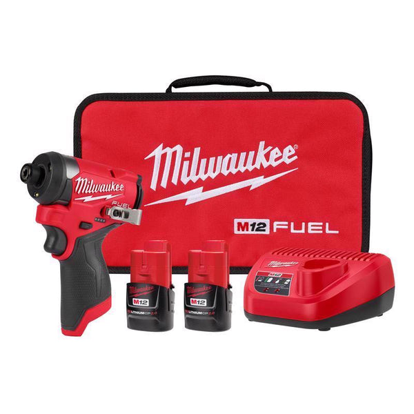 Kit de destornillador de impacto inalámbrico sin escobillas Milwaukee M12 FUEL de 1/4 pulg. (batería y cargador)