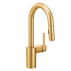 Brushed gold one-handle high arc pulldown bar faucet