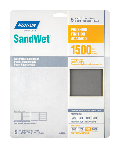 Papel de lija resistente al agua de óxido de aluminio Norton SandWet de 11 pulg. de largo y 9 pulg. de ancho, grano 1500, paquete de 5