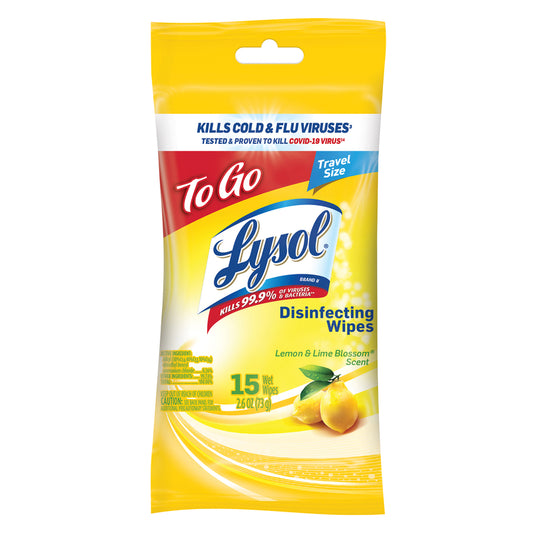 Lysol To Go Lemon & Lime Blossom  Disinfecting Wipes 2.6 oz 15 ct (Pack of 24)