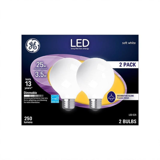 GE G25 E26 (Medium) LED Light Bulb Soft White 25 Watt Equivalence 2 pk