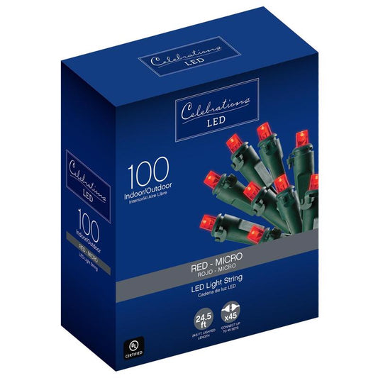 Celebrations LED Micro/5mm Red 100 ct String Christmas Lights 24.5 ft.