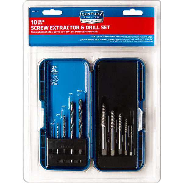 Juego de extractor de tornillos y brocas helicoidales de acero de alta velocidad Century Drill & Tool de 8 in. 10 piezas