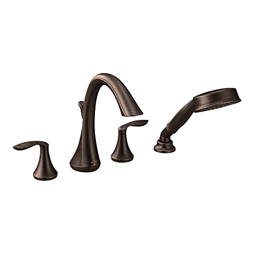 Grifo para bañera romana de arco alto de dos manijas en bronce frotado con aceite, incluye ducha de mano
