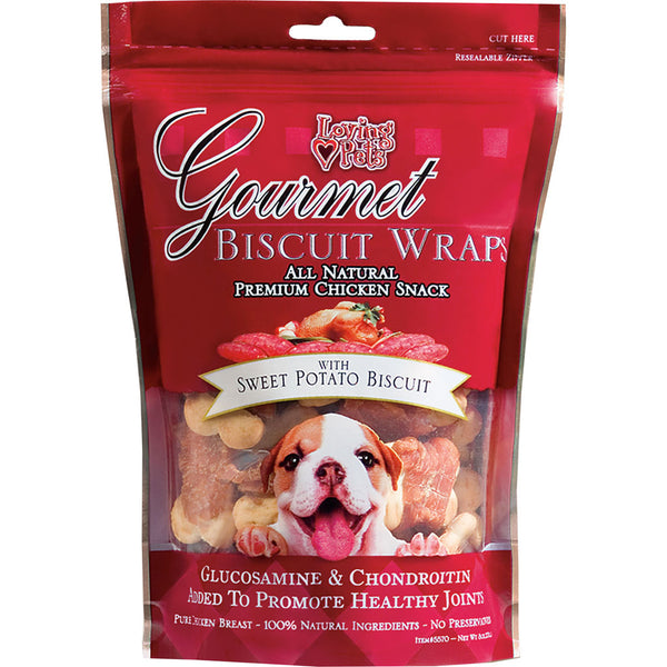 Premios para perros Gourmet Biscuit Wraps Loving Pets con glucosamina y condroitina, de batata y pollo, 8 oz