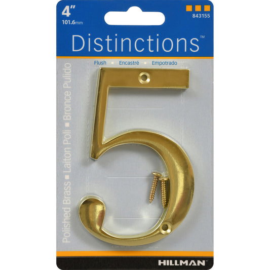 Hillman Distinctions 4 in. Gold Brass Screw-On Number 5 1 pc (Pack of 3)