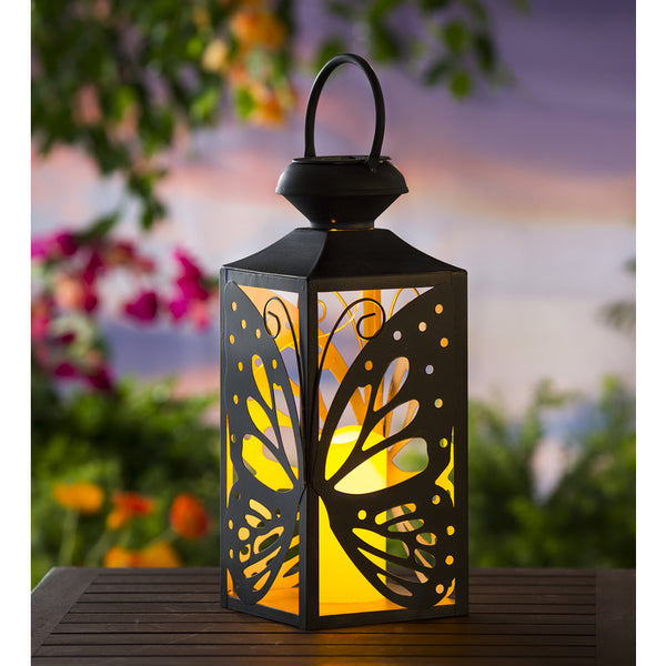 Farol solar luminoso de hierro con forma de mariposa en color negro y marrón para jardín