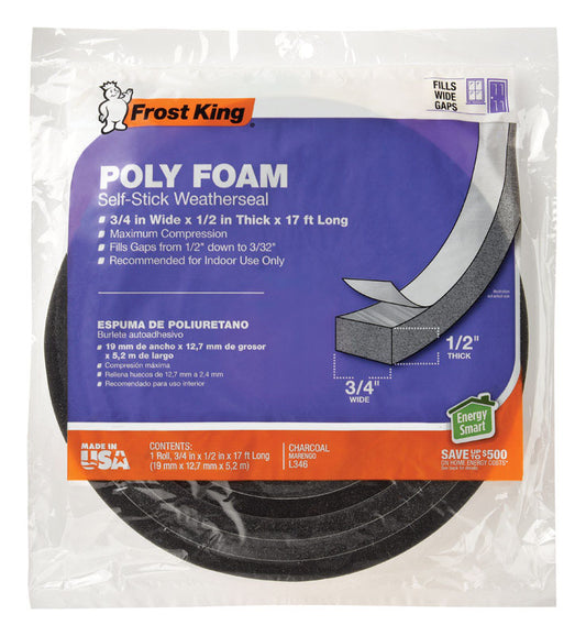 Frost King Charcoal Poly Foam Weather Seal For Doors and Windows 17 ft. L X 0.5 in.