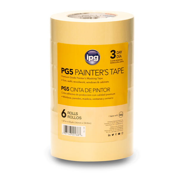 Cinta de pintor de alta resistencia beige IPG de 1,41 pulg. de ancho x 60 L, paquete de 6