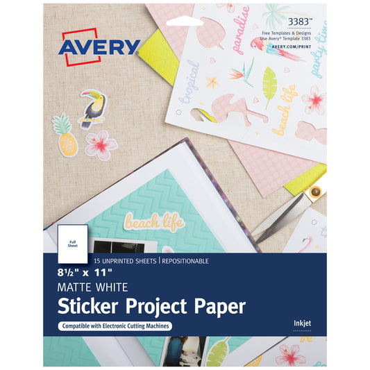 Avery 03383 8-1/2" x 11" Ink Jet Sticker Project Paper 15 Count (Pack of 6)