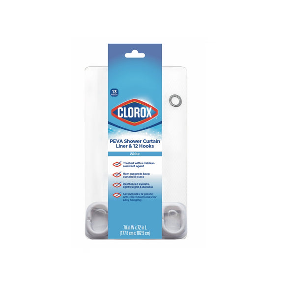 Cortina de ducha blanca Clorox de 70 pulgadas de alto x 72 pulgadas de ancho con ganchos de PEVA