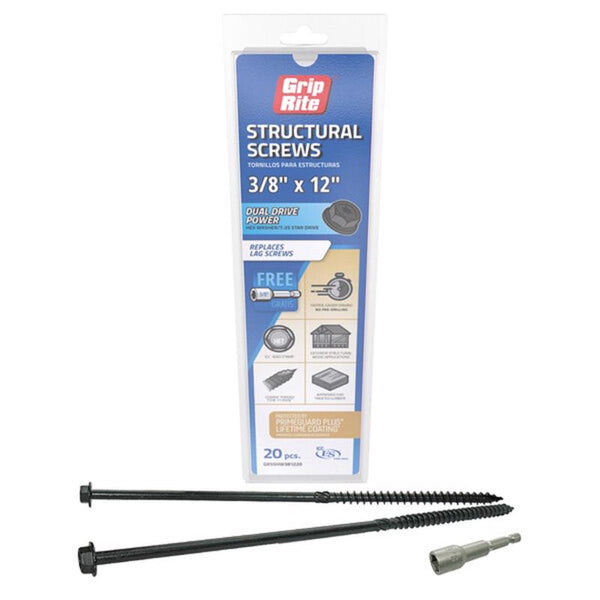 Tornillos estructurales de cabeza hexagonal con arandela de estrella de 3/8" x 12" de largo Grip-Rite