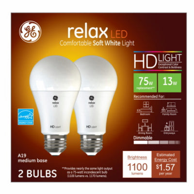 GE Relax HD A19 E26 (Medium) LED Light Bulb Soft White 75 Watt Equivalence 2 pk