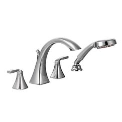 Chrome two-handle high arc roman tub faucet includes hand shower