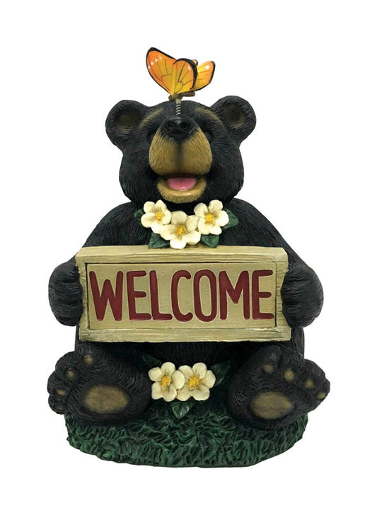Smart Solar 7.5 in. Ceramic Welcome Bear with Butterfly Lantern Brown (Pack of 4)