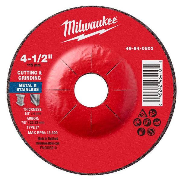 Disco de corte/desbaste para metal Milwaukee de 4-1/2 in. D X 7/8 in. X 1/8 in. de grosor, 1 pieza