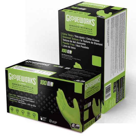 Gloveworks Nitrile Disposable Gloves X-Large Green Powder Free 100 pk