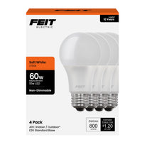 Feit A19 E26 (Medium) LED Bulb Soft White 60 Watt Equivalence 4 pk