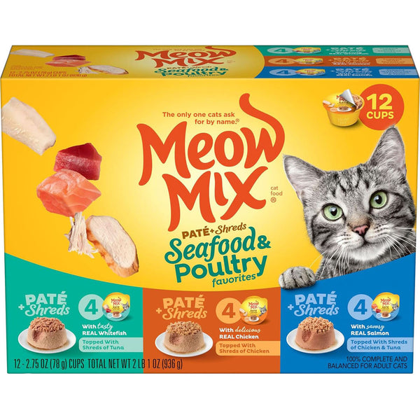 Meow Mix Pate and Shreds Seafood and Poultry Variety Wet Cat Food 12 pk