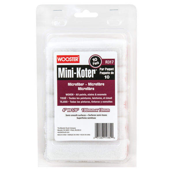 Funda para rodillo de pintura en miniatura Wooster Mini-Koter de microfibra de 4 pulg. de ancho y 3/8 pulg., paquete de 10