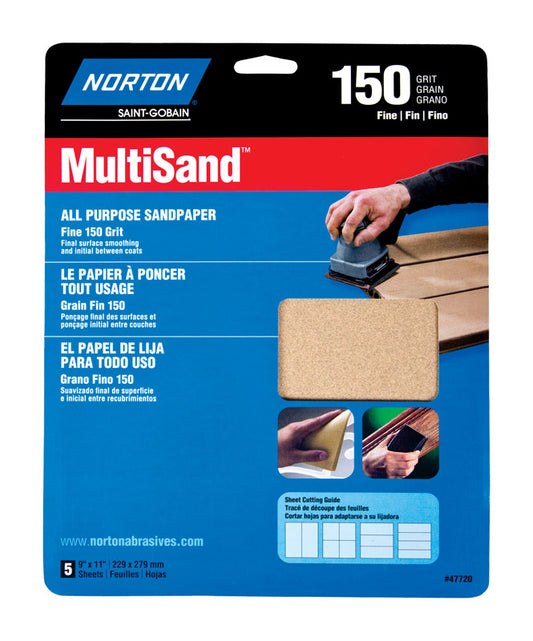 Norton MultiSand 11 in. L X 9 in. W 150 Grit Aluminum Oxide All Purpose Sandpaper 5 pk