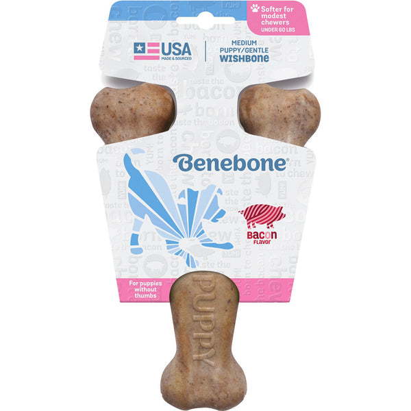 Benebone Wishbone Puppy Dog Chew Toy Bacon Flavor Medium Durable Nylon for Puppies Under 60 lbs