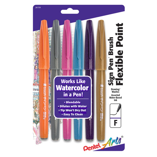 Pentel SES15CBP6M1 Flexible Point Sign Pen Brush Assorted Colors