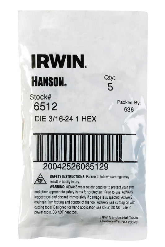 Irwin Hanson High Carbon Steel SAE Hexagon Die 3/16 in.-24NS 1 pc. (Pack of 5)