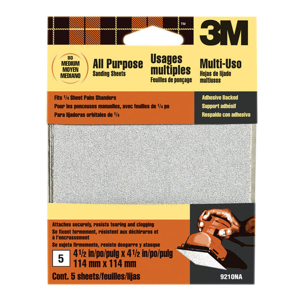 Papel de lija de óxido de aluminio de grano 80 de 3M, 4-1/2 pulg. de largo x 4-1/2 pulg. de ancho (paquete de 10)