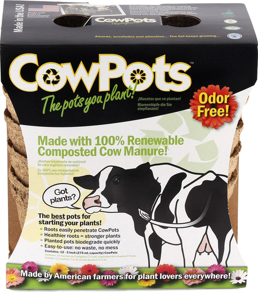 CowPots Biodegradable Seed Starter Pots 3 in Round 12 pk Made from Composted Cow Manure Plantable Pots