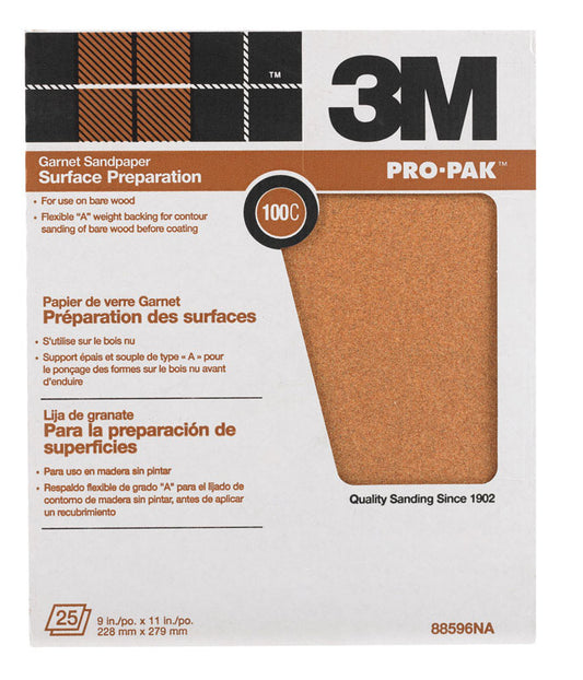 3M 88596NA 9" X 11" 100C Grit Surface Preparation Garnet Sandpaper (Pack of 25)