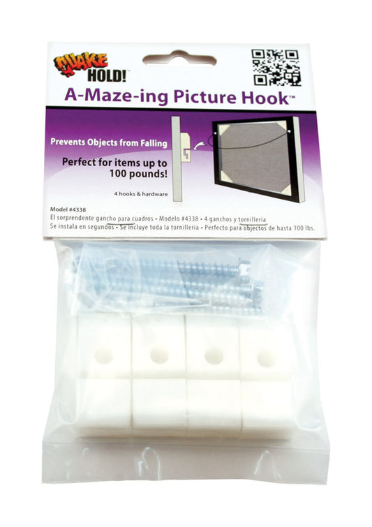 Quake Hold White Safety Picture Hook 100 lb 4 pk