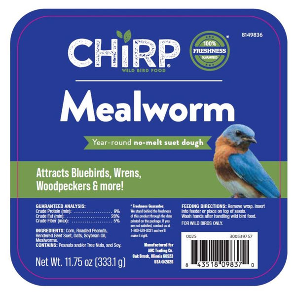 Chirp Mealworm No Melt Suet Mealworm Suet 11.75 oz (Pack of 12)