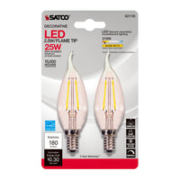 Satco CA10 (Flame Tip) E12 (Candelabra) LED Bulb Warm White 25 Watt Equivalence 2 pk
