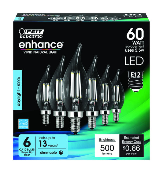 Feit Enhance CA10 E12 (Candelabra) Filament LED Bulb Daylight 60 Watt Equivalence 6 pk