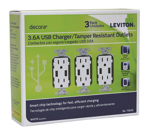 Leviton White Thermoplastic 15A 125V 14 to 12 ga. 5-15R Tamper-Resistant Outlet & USB Charger