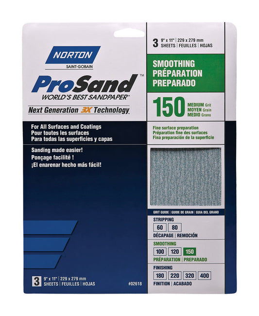 Norton ProSand 11 in. L X 9 in. W 150 Grit Aluminum Oxide Sandpaper 3 pk