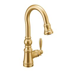 Brushed gold one-handle high arc pulldown bar faucet