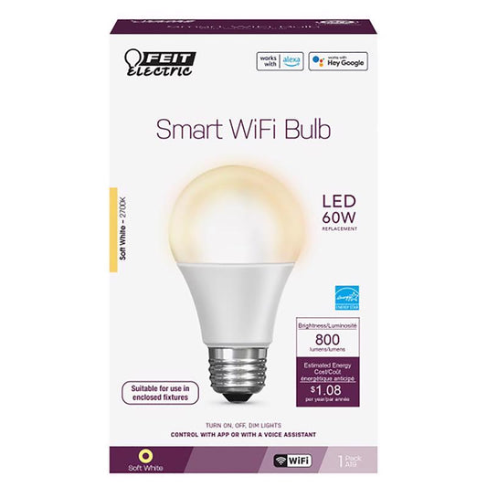 Feit LED Smart A19 E26 (Medium) Smart-Enabled Smart WiFi LED Bulb Soft White 60 Watt Equivalence 1 p