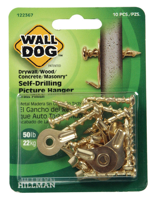 Hillman WALL DOG Brass-Plated Gold Self-Drilling Picture Hanger 50 lb. 10 pk (Pack of 10)